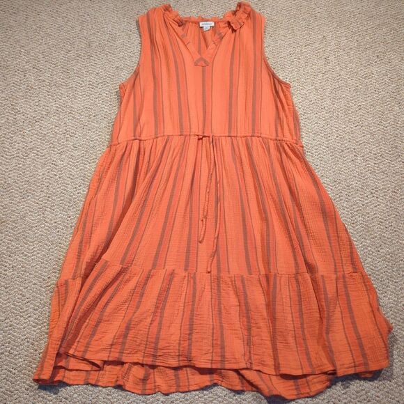 Sundance Adley Dress Orange Womens XXL Tired Double Gauze V Neck Striped Tie - Picture 1 of 7